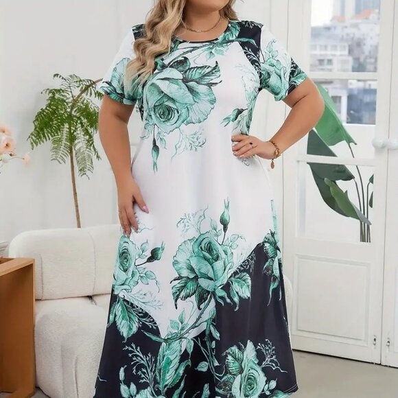 Women's Plus Size Elegant Floral Print Color Block Long Maxi Dress 16W & 20W - Picture 1 of 11